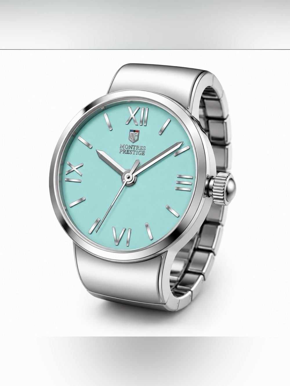 Montres Prestige Silver Mini Ring Watch with Light Blue Dial